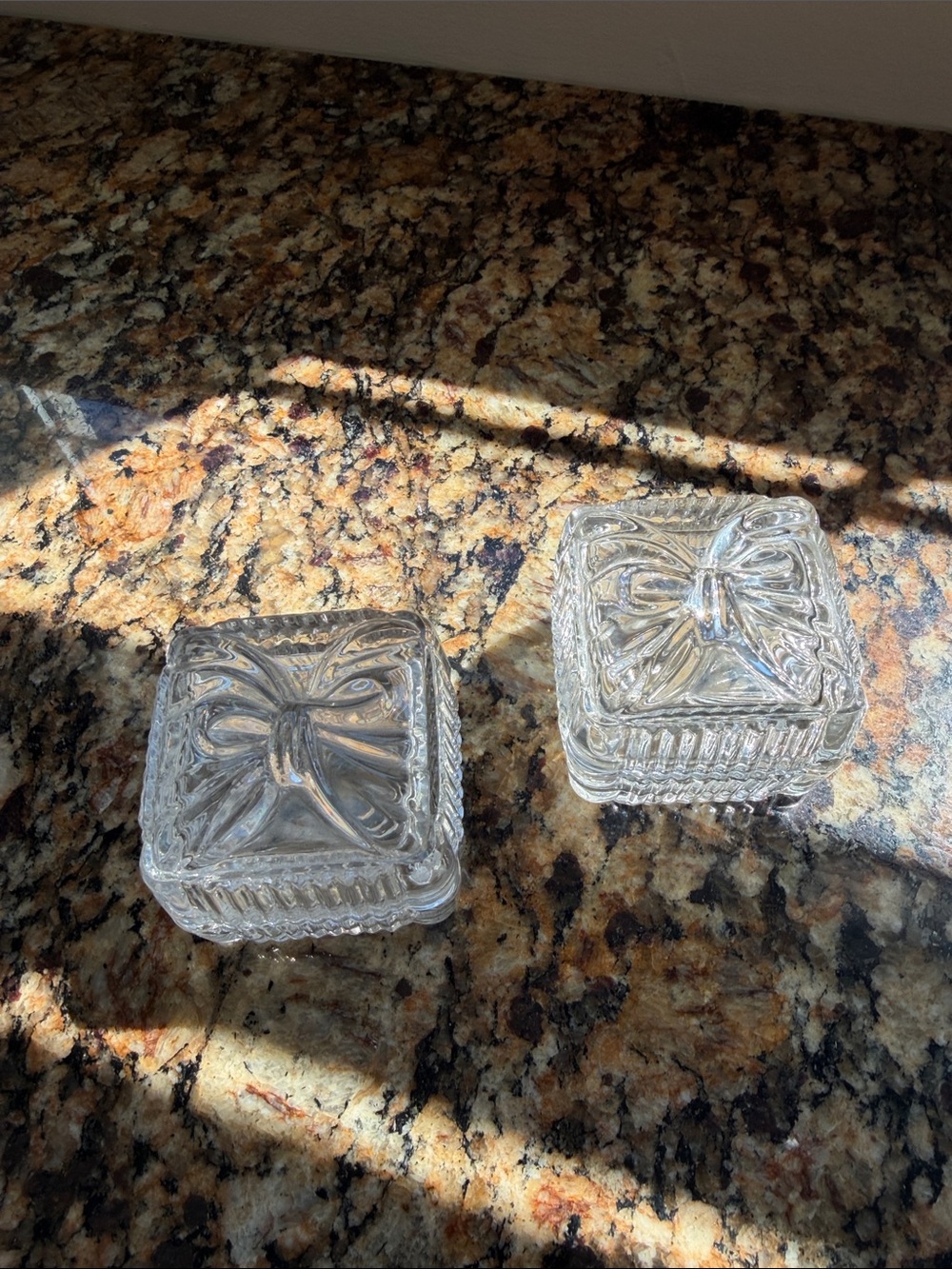 Clear Pressed Glass Trinket Boxes with Bow Motif (Pair)